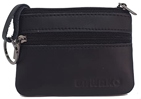 BAWAKO Porte-monnaie en cuir véritable, petite pièce de monnaie pour homme et femme, avec deux compartiments, fermeture éclair, porte-clés, mini porte-monnaie, S, Noir , s