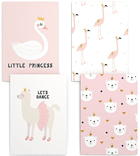 Papierschmiede® Kinderposter 4er Set, DIN A4 (21x30 cm) Wanddeko, Geschenk für Mädchen Kinderzimmer Babyzimmer, rosa Tiere Schwan Flamingo Lama, Princess Animals