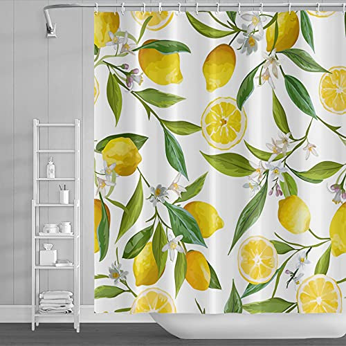 SDOTPMT 72x72 Inch Yellow Lemon Tree Flower Shower Curtain Summer Green Leaves Fruit Botanical Plant Tree Branches White Background Bath Curtain Fabric Polyester Bathroom Curtain With Hooks