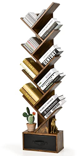 COSTWAY Bücherregal mit Schublade, 8-stöckiges Standregal, Regal in Baumform, CD- und DVD-Regal, für Schlafzimmer, Wohnzimmer und Heimbüro, 38 x 21,5 x 149,5 cm (Rustikales Braun)