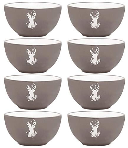 Set of 8 Bowls Grey & White Stoneware Crockery Dinner Service | Dishwasher Safe, Microwave Safe, Hand Painted, Dessert Bowl, Breakfast Bowl, Dinner Set