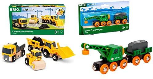 BRIO World 33658 Baustellenfahrzeuge - Ergänzung Holzeisenbahn - Empfohlen ab 3 Jahren & Bahn 33698 - Grüner Kranwagen mit Anhänger und Fracht,White