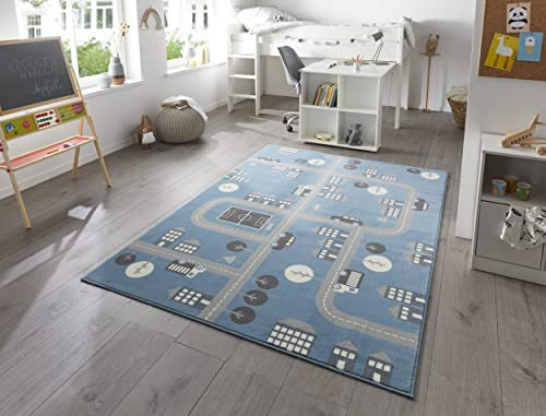 Hanse Home Teppich Kinderzimmer Kinderteppich Town – Junge Mädchen Spielteppich Kurzflor Teppich Modern Spielstraße Straßenmotiv, Weicher Flor, Pflegeleicht - Himmelblau, 160x220