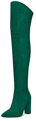 HDEUOLM Donna Chunky Blocco Alto High Tacco Heel Chiusa a Punta Sopra il Ginocchio Stivali Cerniera Sexy Classico Scarpe Verde Scuro 45 EU