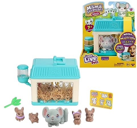 Little Live Pets - Mama Surprise Minis Age 5+, Feed and nurture a Lil' Mouse Inside their Hutch so she can be a Mama, She has 2, 3, or 4 Babies with Surprise Accessories to Dress Up the Babies,