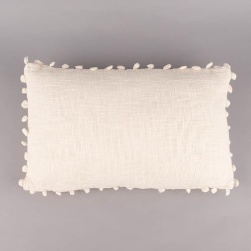 SCHÖNER LEBEN. Deko Kissen einfarbig strukturiert mit Pompons Ecru 30x50cm