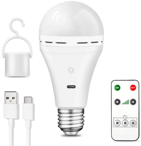 BOBOPAI USB C Rechargeable Light Bulb with Remote Control, 7W Battery Powered Light Bulbs E27 Touch Control Dimmable LED Bulb, Outdoor Camping Emergency Light Bulb with Hook,Cold White Light 1 Pack