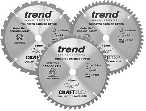 Trend Wood Cordless Mitre Saw Blades, 184mm Diameter, 16mm Bore, 24/48/60 Teeth, 1.6mm Kerf, -5° Hook, TCT, Medium/Fine/Extra-Fine Finish, 3 Pack, CSB/CC184/3PK