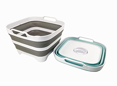 SAMMART 10L Collapsible Plastic Dishpan with Draining Plug - Portable Washing Tub/Basin - Foldable Tub - Space Saving Kitchen Storage (Grey+Lake Green (Set of 2))