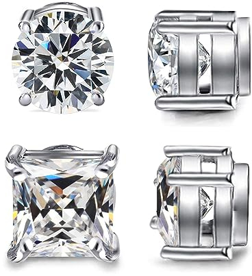 Diamday 2 Paare Edelstahl Magnetisch Ohrstecker für Herren Damen Nicht-Piercing Magnet Ohrringe Clip on Ohrringe CZ Rund/Quadratisch Hypoallergen Klipp Ohrstecker 6MM