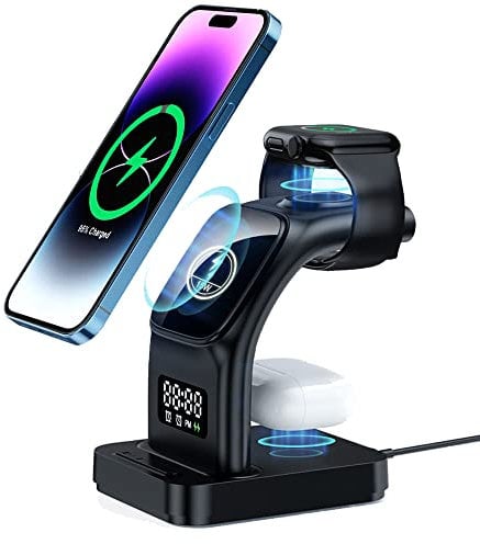 5 in1 Wireless Charging Station Alarm Clock & Light, TECHGEAR 15W Fast Wireless Mag-Safe Magnetic Charging Dock Stand for iPhone 16/15/14/13/12 Pro/Max, Air Pods 3/2/1/Pro, Apple Watch Series 10-2