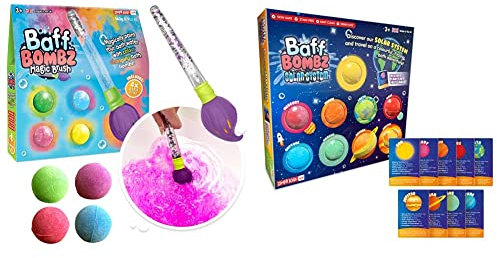Baff Bombz Magic Brush from Zimpli Kids, 4 x Bath Bombs, Magically Paint your Bath Water, Creative Bath Toy for Children & 9 x Solar System Bath Bombs Gift Set, 9 x Planetary Fact Cards