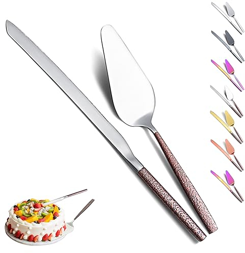 Evanda Set di coltelli e servitori per Torte Nuziali, Manico Marrone e Testa d'Argento Lucido, servitori per Torte per Tutti i Giorni, Matrimoni e Compleanni, Lavabili in lavastoviglie