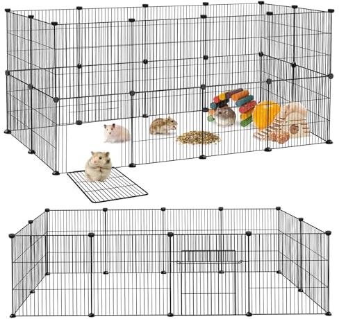 LILIIN 24PCS Freilaufgehege, Freigehege für Kaninchen, Meerschweinchen Käfig, Kleintiergehege mit Tür, Gehege für Kleintiere, Hasen, Frettchen, Igel 142 x 72 x 72 cm，Schwarz