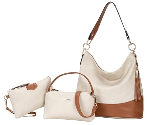 molshine Groß Handtasche 3-teiliges Set aus veganem Leder, Hobo Tasche,Umhängetasche mit Griff oben,Handtaschen Set für Damen HB032(Beige)