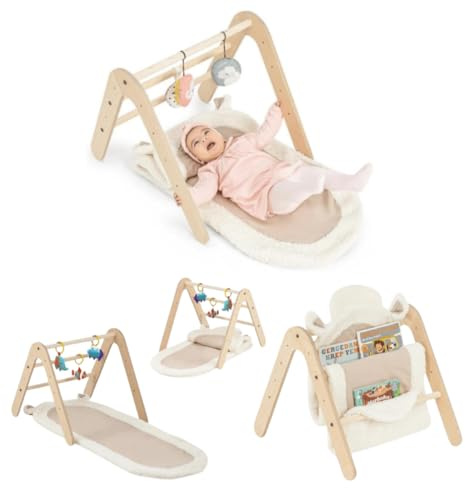 Mamatoyz Gimy 2-in-1 Spielhalle und Bücherregal Montessori Holz mit Teppich, Montessorianisches Bücherregal für Kinder Stoff