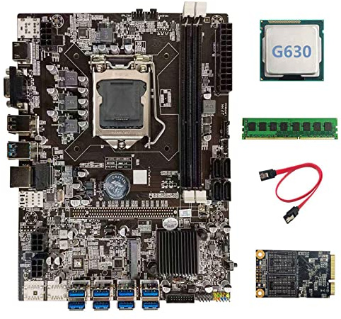 Oikabio Placa base B75 BTC Mining + CPU G630 + DDR3 4GB 1600Mhz RAM+128G SSD+cable LGA1155 8XPCIE a USB B75 BTC placa base