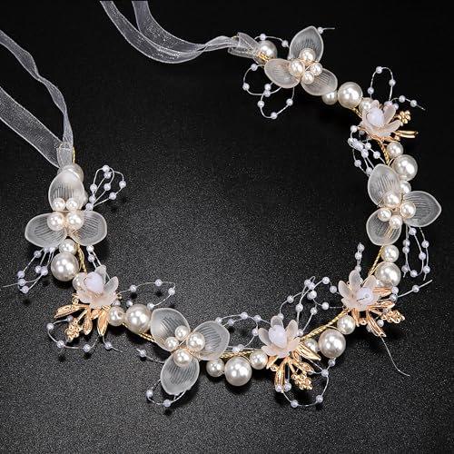Heveer Hochzeit Perle Haarschmuck Kommunion Mädchen Haarkranz Prinzessin Blume Perle Haarreifen Kopfbedeckung mit Band Weiß, Gold