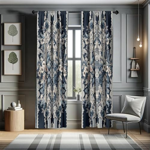 ABAKUHAUS Victoriano Juego de 2 Paños Cortinas, Hojas Florales de Encaje frío, Tratamiento de Ventana para Habitación y Dormitorio, 150 cm x 225 cm, Azul Violáceo Oscuro Coco
