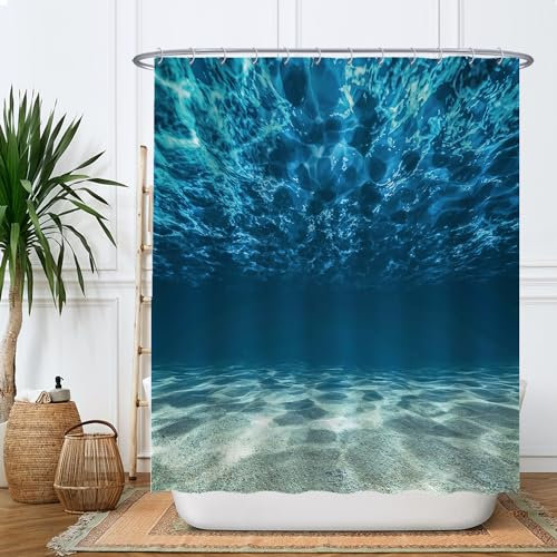 Ulticool Rideau de douche, motif océan, mer, calme, plongée, aquarium, plage, été, anti-moisissure, 180 x 180 cm, lavable, imperméable, avec 12 anneaux, bleu