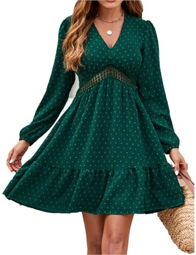 JENJON Mujer Vestidos Cuelle en V Manga Larga Cintura Alta Puntos Volantes Maxi Vestido Otoño Invierno C-Verde S