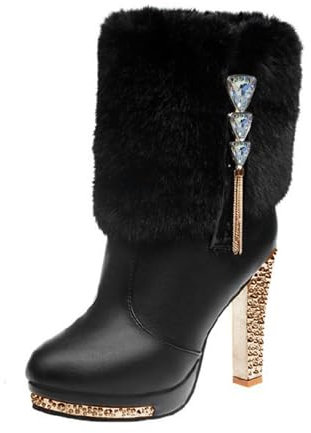 Stivali invernali da donna foderati in pelle, eleganti stivali da donna, con tacco alto, stivali da lavoro, stivali invernali, Nero , 39 EU