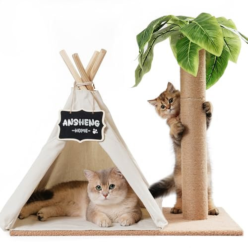 MEWOOFUN albero graffietto con tenda, sisal naturale, foglie simulate, colonna graffietto, grande albero graffietto con capanno, per gatti e gattini