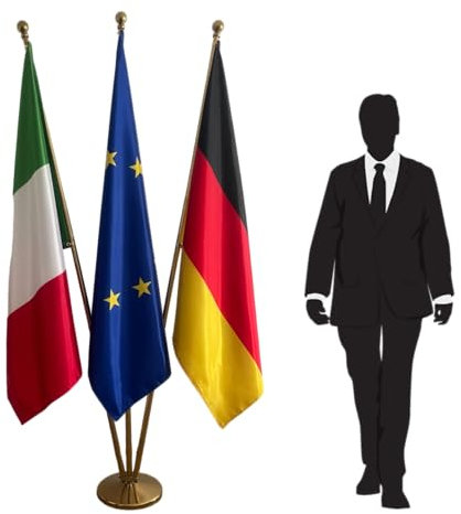 Flaggen Europa, Italien und Deutschland mit Stäben und Sockel - Bürofahnen - 3kg - Satinflaggen - PREMIUM QUALITÄT ! CN9-EU-IT-DE