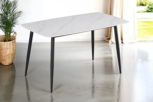 SAM Esstisch 140 x 80 cm Milano, weiß Matte Keramikplatte, Esszimmertisch/Keramiktisch mit runden Ecken, 4-Fuß-Gestell aus Metall Schwarz, pflegeleichter Tisch aus Keramik