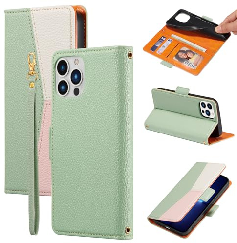 ZCDAYE Wallet Case for iPhone 16, Premium Colour Block Leather Phone Case Hoster, Skin-Friendly Elegant Women Girl Lady Flip Cases Cover for iPhone 16 (6.1 inch), Green