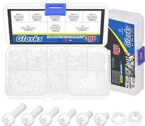 Glarks 360pcs M4 x 6/8/10/12/15/20 mm Nylon Phillips Pan Head Tornillos Tuerca Kit de arandela de tornillo de nylon blanco Phillips Cruz cabeza redonda Tornillo de máquina