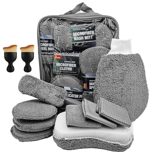 Kit de Nettoyage de Voiture KOOSREEL, 11 Pièces, Incluant Brosse Pneus, Tampons Polissage, Éponge, Chiffons Multi-Usages, Brosse Douce Intérieur, Gris