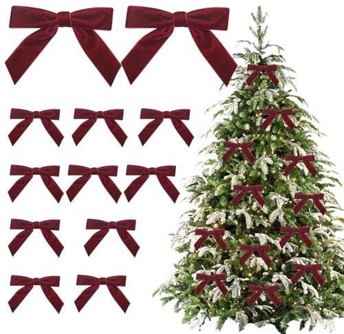 12 Pcs Velvet Christmas Tree Bows - 4.72 Inch Velvet Bow for Christmas Tree, Vintage Ribbon Bows for Wreaths, Gifts, Door, Garland, Home Decor (Wine Red)