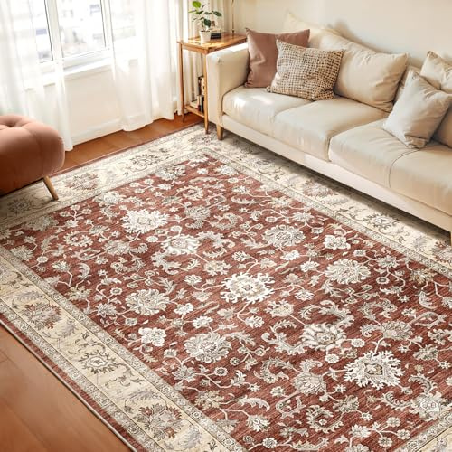 WITSHOCK Teppich Wohnzimmer 270x360 cm: Waschbarer Boho, rutschfest, Kurzflor, Vintage Schlafzimmer, Teppich Küche Flur Esszimmer für Kinder & Haustiere Geeignet, Rot