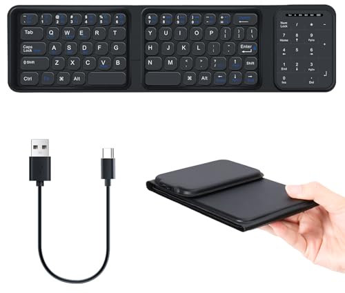 Nsyee Folding Keyboard Bluetooth, Foldable Keyboard with Touchpad and Numeric Keypad, USB Rechargeable Tri-Folding Portable Keyboards, Wireless Mini Wirelessl Keyboards for Tablet, IOS, Android, Wins