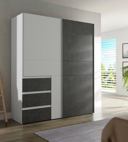 möbelando Kleiderschrank >Winn 2< Der Kleiderschrank Winn 2 in modernem Design überzeugt in Weiß mit Betonoptik-Dunkelgrau, Schiebetüren, 3 Schubladen und robustem Stauraum (170x200x61 cm).