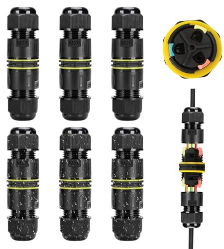 6 Pièces Boîte de Jonction IP68 Connecteur Étanche Forme de Droit Connecteur Électrique Étanches Boîte de Dérivation Extérieur Connecteur Câbles 3 Broches Ø 5-8 mm