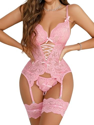 EVELIFE Set di lingerie da donna, sexy, in pizzo, con polsini a coscia, biancheria intima, Teddy, babydolls con giarrettiera, senza calze, rosa chiaro, XXL