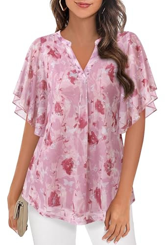 Vafoly Bluse Damen Elegant Kurzarm Sommer Tunika V-Ausschnitt Mesh Oberteil Blumen Doppellagige Tunika Rosa M