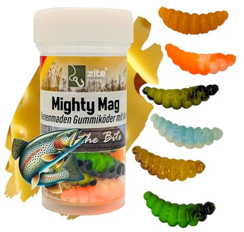 Zite Fishing Mighty Mag Mix 12 STK - Bienenmaden Imitat Forellenköder 2,8cm – Gummiköder Forellen-Angeln - Phthalatfrei mit Aroma (Allround Käse)