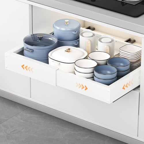 HONZUEN Cajones Extraibles para Cocina, Bandeja Extraible Armario Cocina, Ajustable 41,5-55cm Fondo y 29-48cm Ancho, Bandeja Armario sin Taladro, Organizador Cajones Mueble Bajo Despensa, Blanco