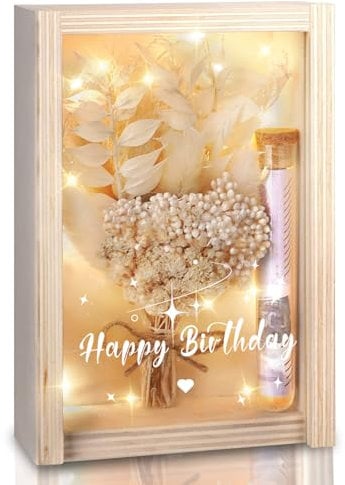 Geldgeschenk Geburtstag, Geldgeschenke Verpackung, Happy Birthday Geschenkbox inklusive Getrocknete Blumen, Reagenzglas, Lichterketten, Geldgeschenke für Frauen, Geburtstagsgeschenk aus Holz