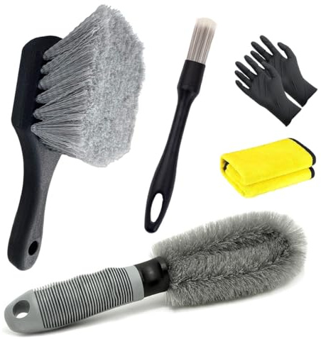 5-teiliges Autoraden-Reinigungsset, Motorrad- oder Fahrradreifenwaschwerkzeug-Set: Reifenbürste, Felgenbürste, Detaillierungsbürsten, Wasch-/Trockentuch, Schutzhandschuhe