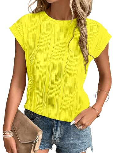 Gemulate Womens Summer Tunic Tshirts Trendy Tops Dressy Short Sleeve Blouses Casual Crewneck tees for Women Neon Yellow M