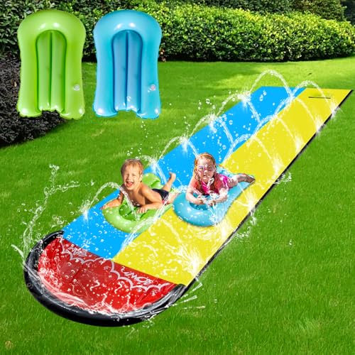 DAJASD Wasserrutsche Garten für Kinder, 6.1*1.4M Aufblasbare Wasserrutsche mit 2 Bodyboards, Doppelte Wasserrutsche mit Eingebautem Sprinkler, Wasserspielzeug für Kinder Erwachsene Outdoor - Blau+Gelb