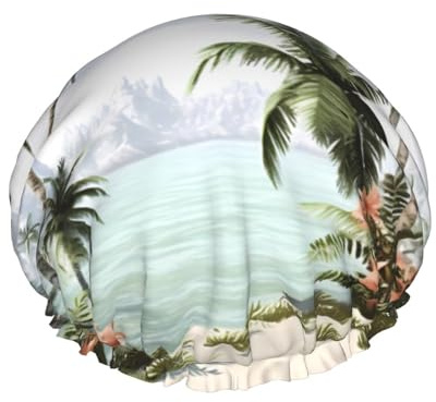 Tropische Palmen Duschhaube, wiederverwendbar, wasserdicht, Duschhaube für Damen und Herren, elastisches Band, Badehaarmütze, doppellagig, waschbar, Badekappe für alle Frisuren, reisefreundlich