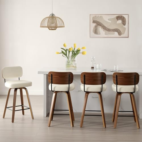 Bekrvio 360° Drehbar Barhocker 4er Set mit Lehne, 65cm Sitzhöhe Barstuhl Kunstleder & Massivholz, 4 Beine, Mid Century Tresenstuhl für Küche & Theke – Barstuhl Drehbar mit Rückenlehne