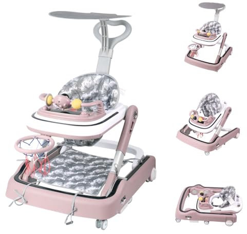 OHMG Trotteur Babywalker 5 en 1 Chariot d'éveil et de marche Trotteur,Fonction basculante Transat avec roulettes,Lumière,Musique,Aire de jeu Table à manger Trotteur Pliable (Rose-65 * 58 * 90cm)