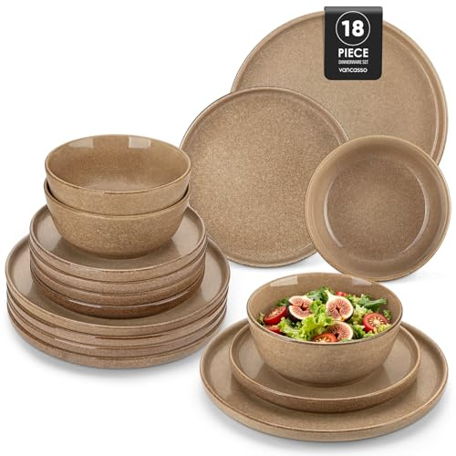 Steingut Geschirrset 6 Personen, vancasso ANYA Karamell Teller Set Modern 18 teilig,Tafelservice mit Speiseteller, Desserttellern und Schüsseln, Geschirr Set Spülmaschinen und Mikrowellenfest