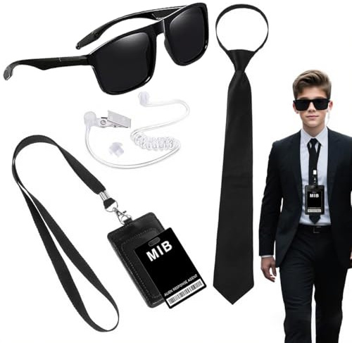 DAOOZHU Kit d Costume Espion 6 Pieces | Jeu Déguisement Espion avec Lunettes Noires Ecouteurs Cravate Reglable Faux Telephone Porte Cartes Accessoires